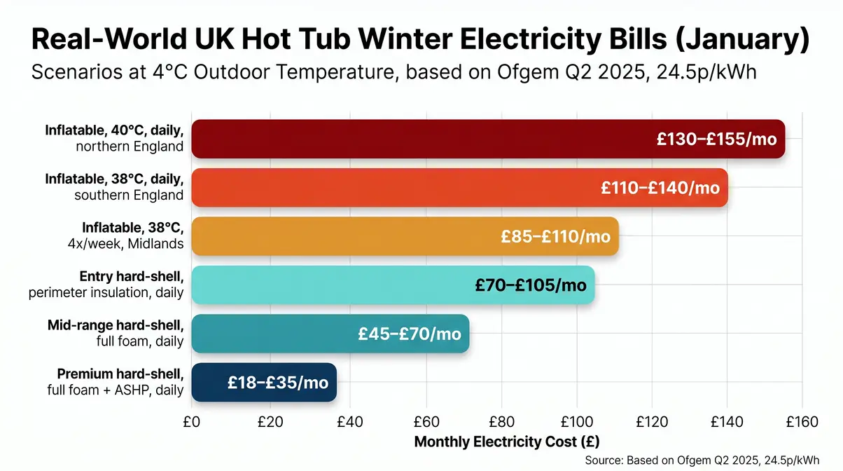 Bar chart comparing six UK hot tub winter monthly electricity bills ranging from £18 to £155 per month
