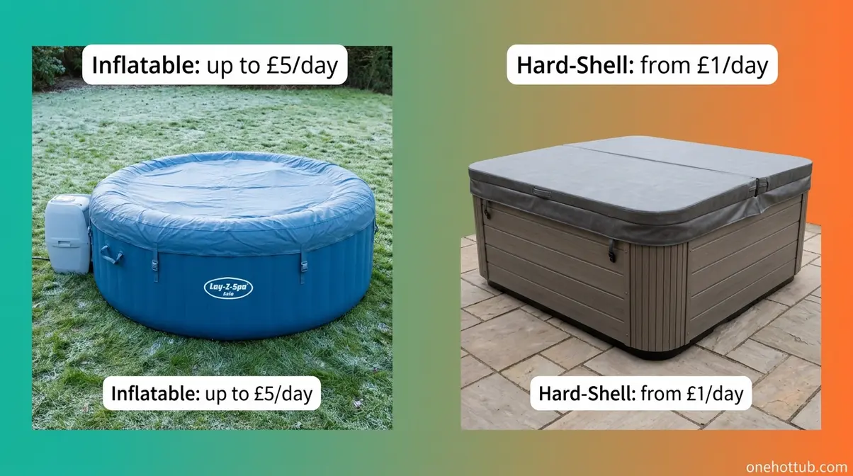 Inflatable versus hard-shell hot tub side-by-side comparison showing running cost differences in the UK