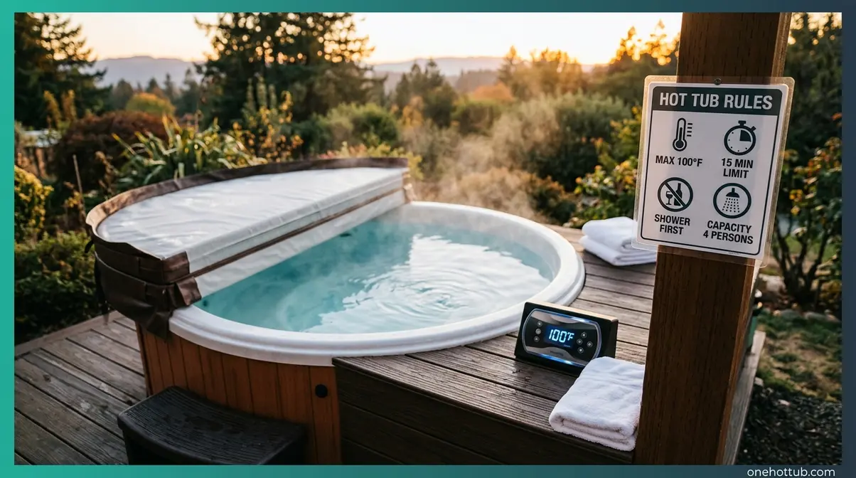 Hot Tub Safety Tips: Essential Rules for Safe Soaking 1 Hot tub safety rules overview with temperature display at 100 degrees and non-slip decking