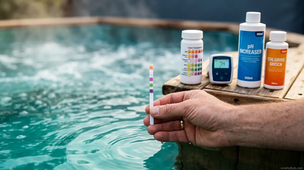 Hot Tub Safety Tips: Essential Rules for Safe Soaking 4 Hot tub water quality testing with test strip and chemistry supplies for safe soaking