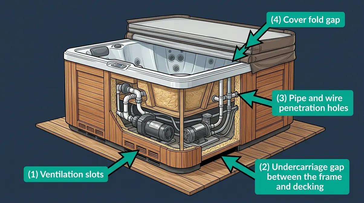 Hot Tub Spiders: How to Keep Them Out for Good (2026) 2 Hot tub cabinet diagram showing four spider entry points: vents, undercarriage gap, pipe holes, and cover edge