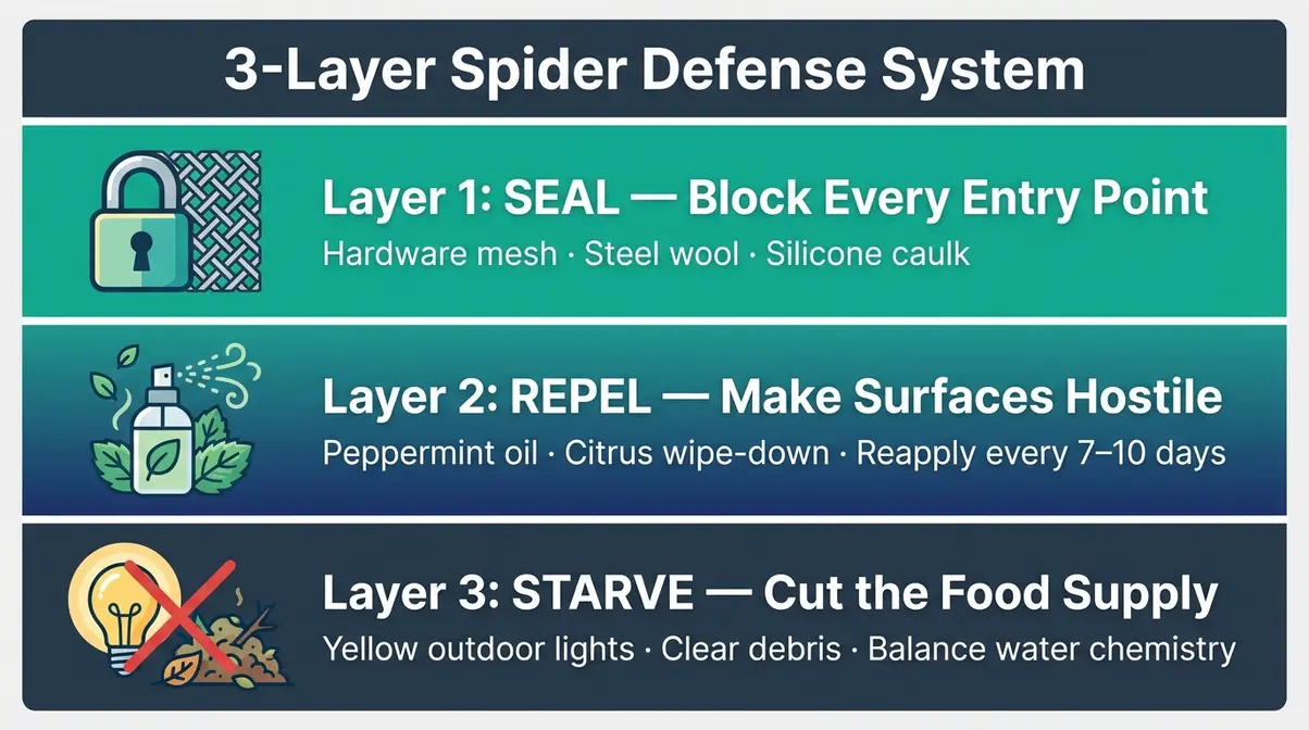 Hot Tub Spiders: How to Keep Them Out for Good (2026) 1 Infographic showing three layers of hot tub spider prevention: seal entry points, apply repellents, eliminate food sources
