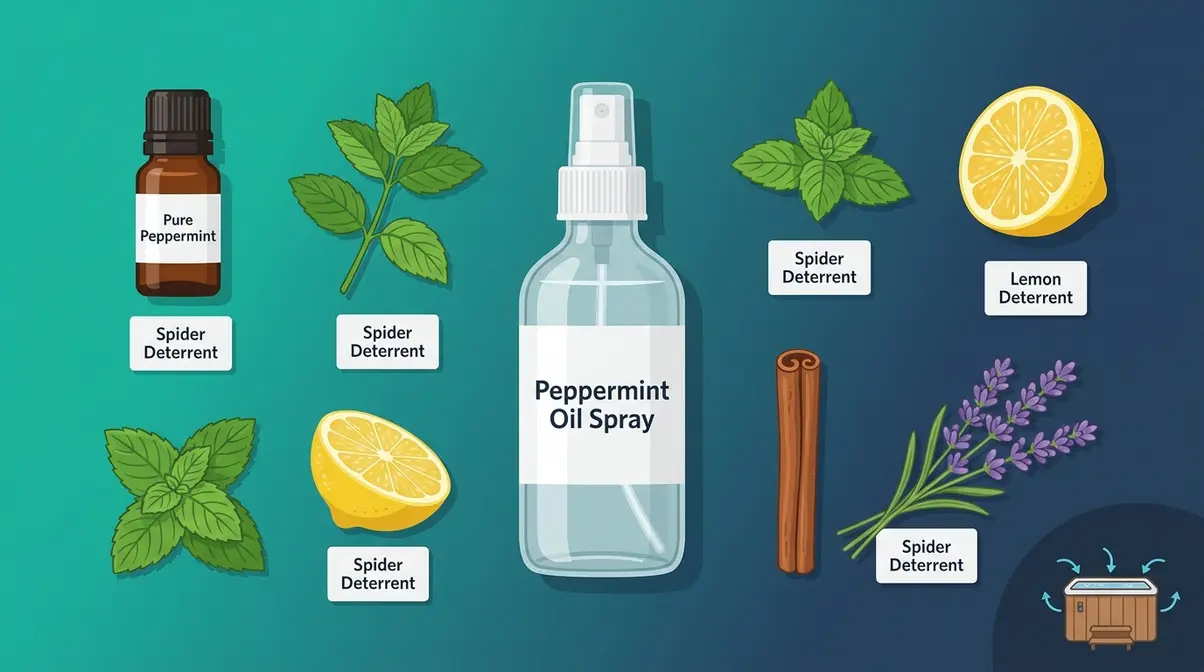 Hot Tub Spiders: How to Keep Them Out for Good (2026) 5 Flat-lay of peppermint oil spray bottle and natural spider repellent ingredients for hot tub use