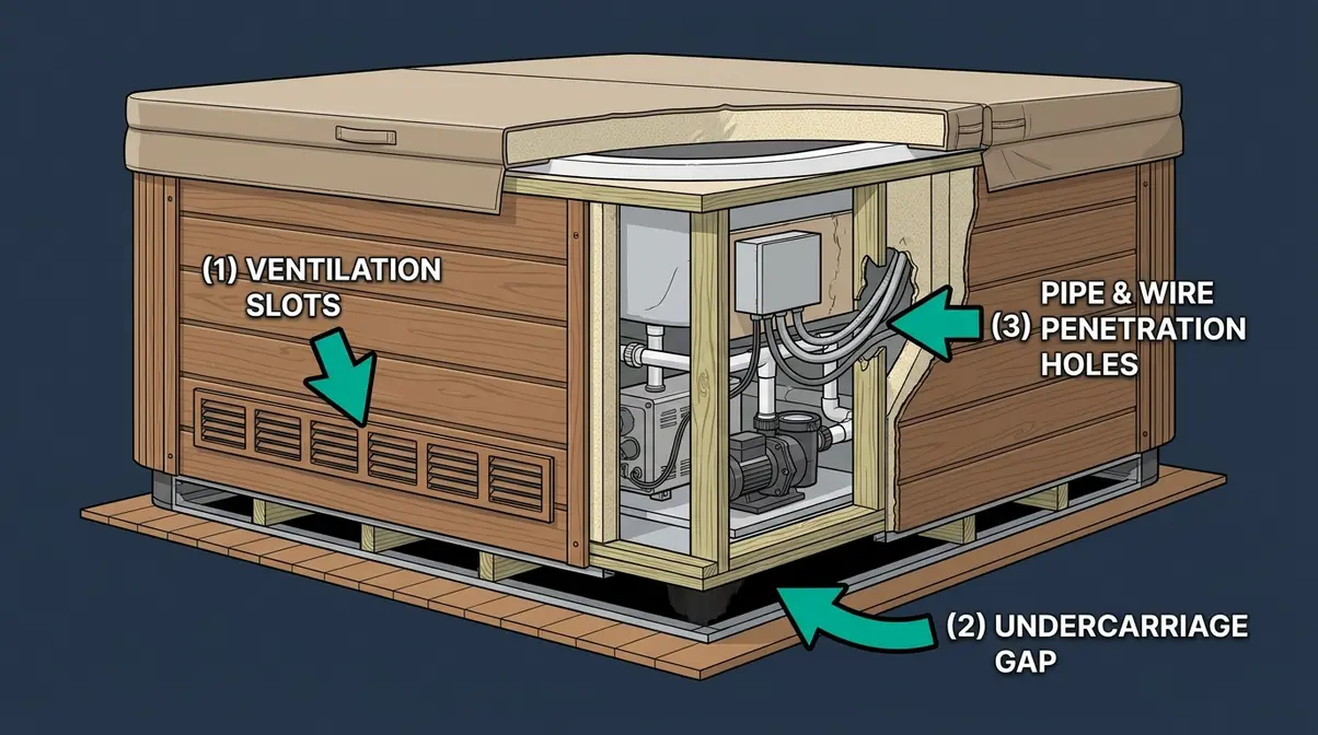 Hot Tub Spiders: How to Keep Them Out for Good (2026) 3 Diagram labeling ventilation slots, undercarriage gap, and pipe penetration holes as common spider entry points on a hot tub cabinet