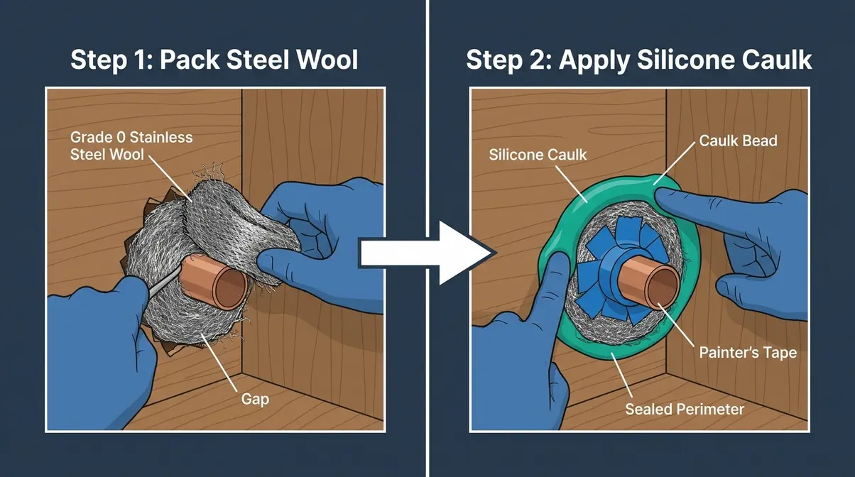 Hot Tub Spiders: How to Keep Them Out for Good (2026) 4 Step-by-step diagram showing steel wool packed into a hot tub cabinet gap then sealed with silicone caulk to keep spiders out
