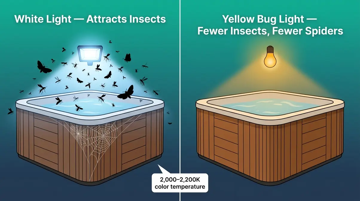 Hot Tub Spiders: How to Keep Them Out for Good (2026) 6 Split comparison showing white light attracting insects near hot tub versus yellow bug light with fewer insects