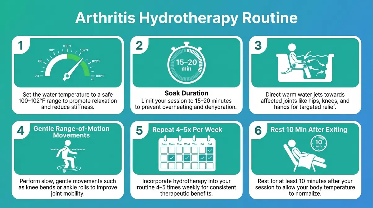 Hot Tub Therapy Benefits: The Science-Backed Guide 5 Hot tub therapy benefits for arthritis — illustrated 6-step hydrotherapy routine with temperature and duration guidelines