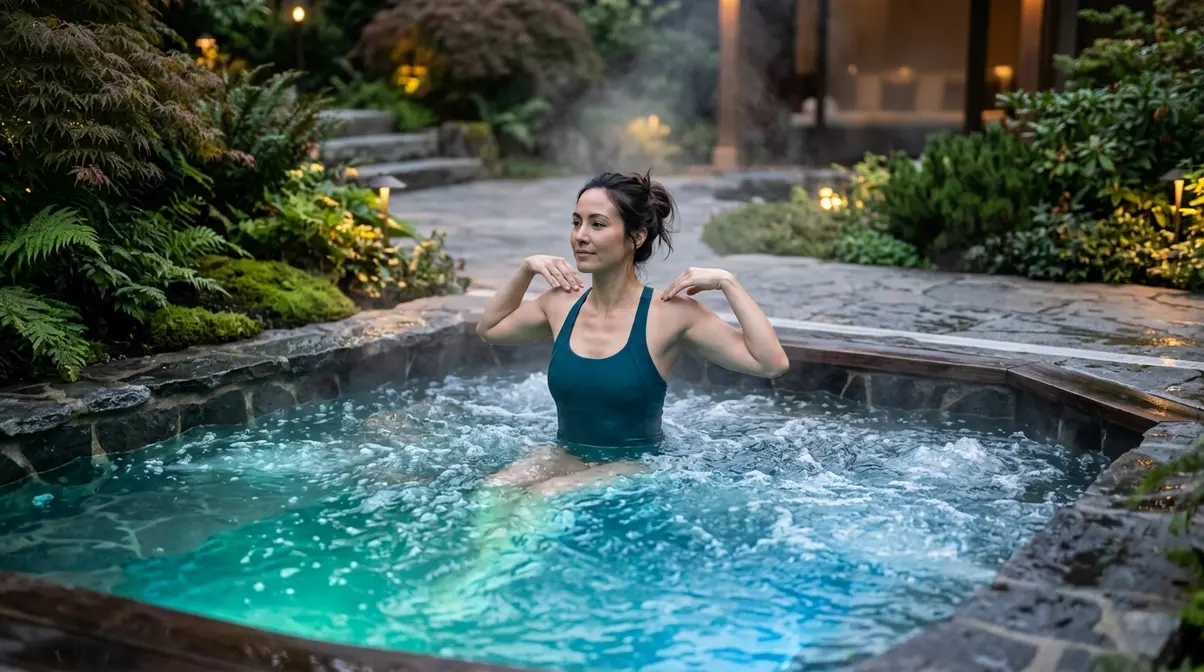 Hot Tub Therapy Benefits: The Science-Backed Guide 3 Person performing gentle range-of-motion exercises in hot tub during condition-specific hydrotherapy routine session