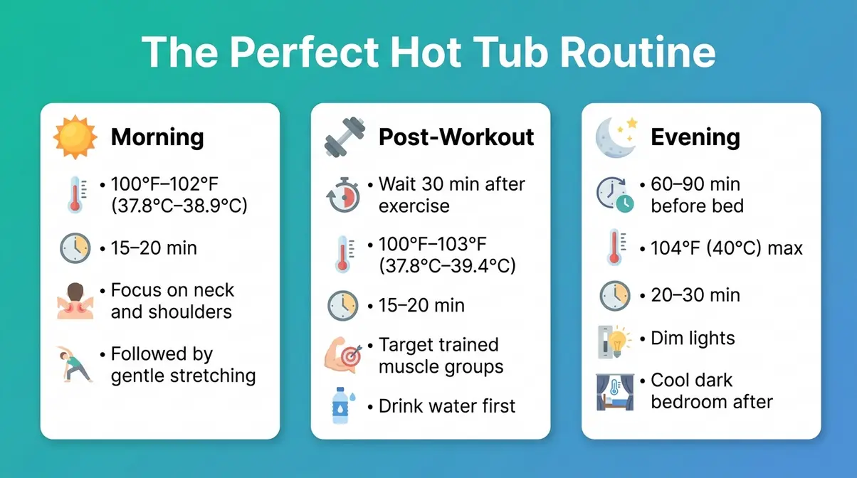 Illustrated guide showing morning, post-workout, and evening daily hot tub therapy routines