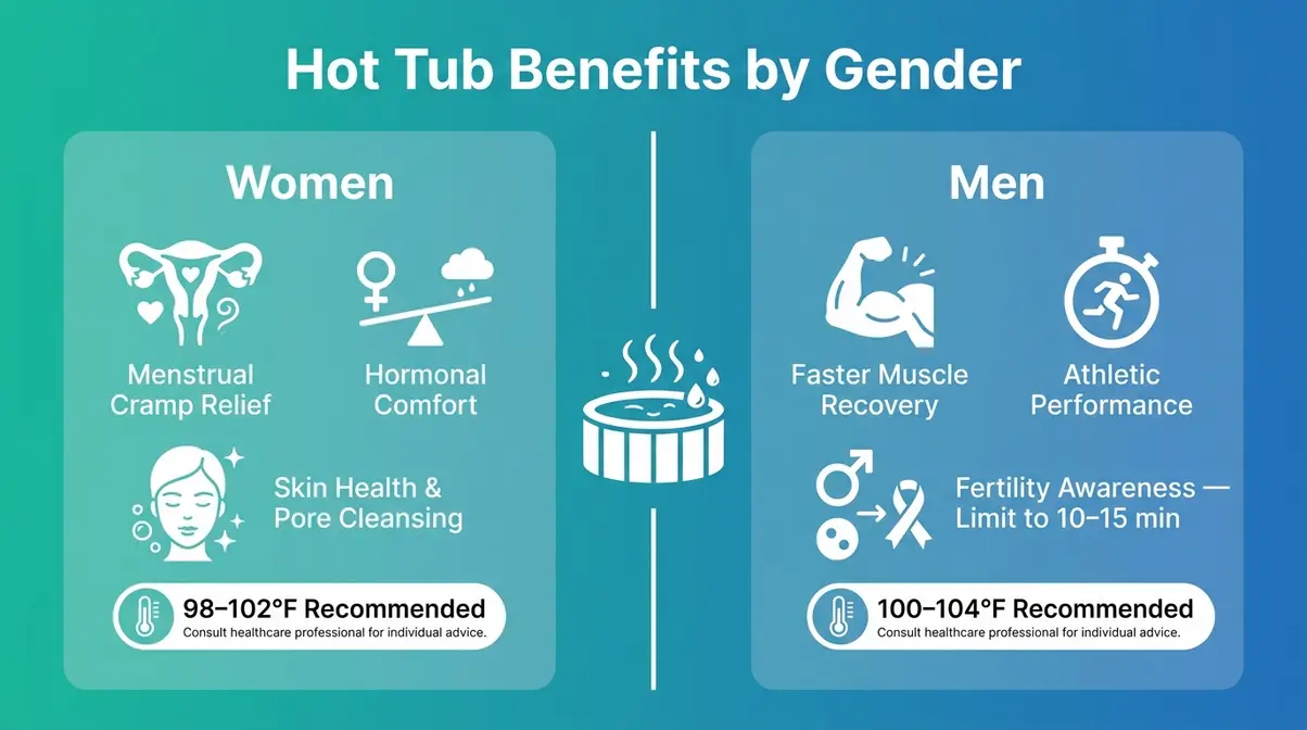 Hot Tub Therapy Benefits: The Science-Backed Guide 8 Hot tub therapy benefits for women and men — gender-specific hydrotherapy benefits infographic with temperature recommendations