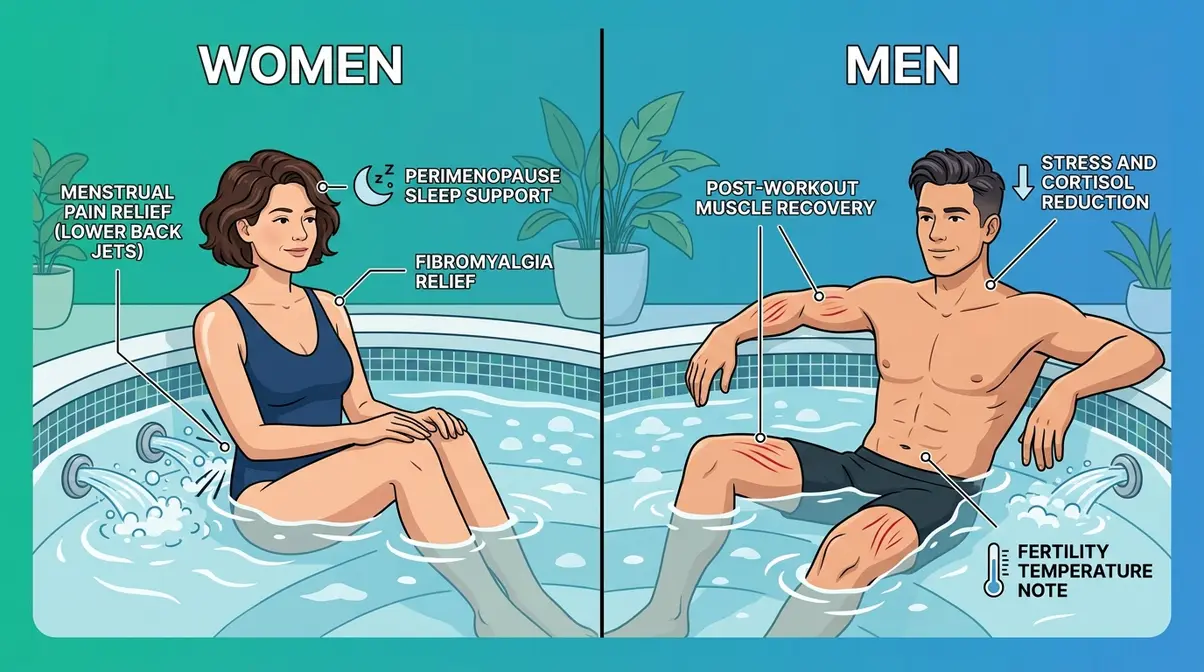 Illustration showing gender-specific hot tub therapy benefits for women and men including pain and stress relief