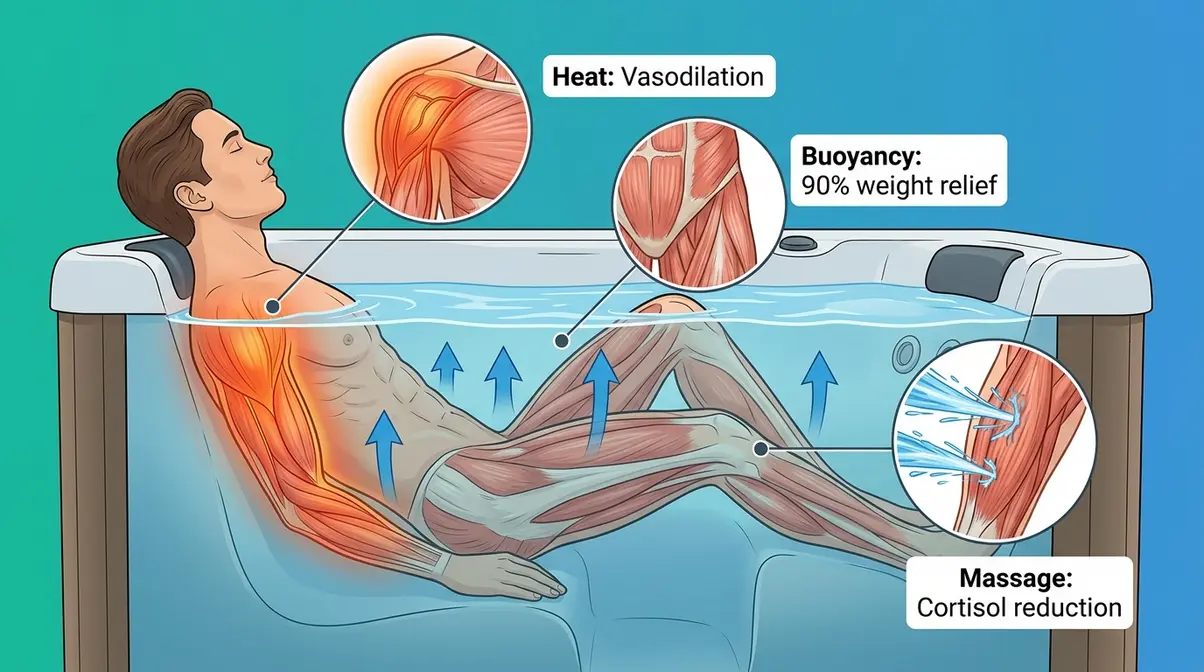 Scientific illustration of hot tub therapy mechanisms showing heat, buoyancy, and massage effects on the body