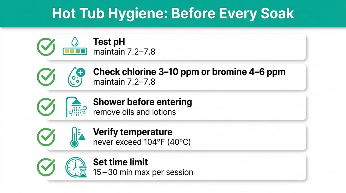 Hot tub safety checklist infographic covering pH, chlorine levels, hygiene, and temperature best practices