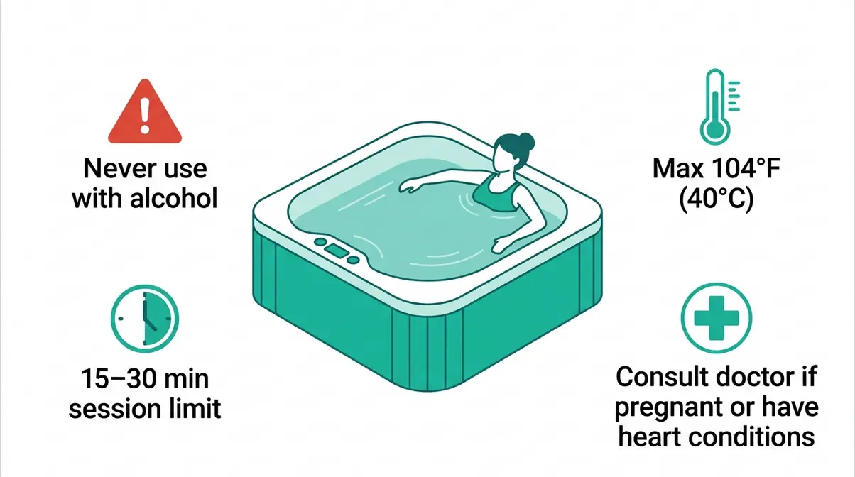 Hot tub safety best practices illustration showing temperature limits, alcohol warnings, and medical contraindications