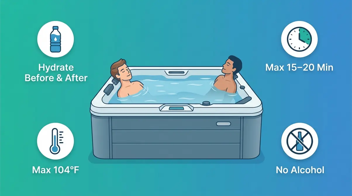 Hot Tub Therapy Benefits: The Science-Backed Guide 4 Hot tub safety guide showing correct positioning and key rules for temperature, duration, and hydration