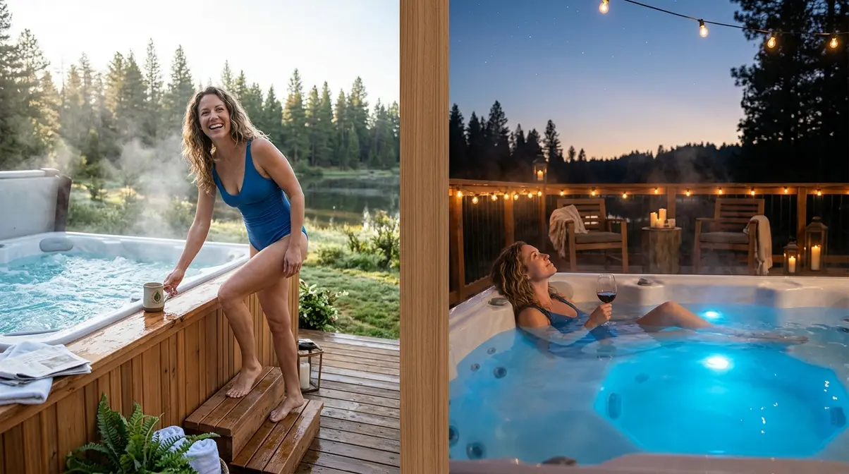 Hot Tub Therapy Benefits: The Science-Backed Guide 6 Morning and evening hot tub soak timing comparison showing optimal therapeutic benefits at different times of day