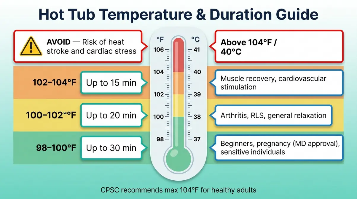 Hot Tub Therapy Benefits: The Science-Backed Guide 9 Hot tub safe temperature and duration guide — color-coded chart showing therapeutic ranges from 98°F to above 104°F with time limits