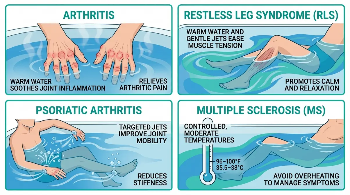 Medical illustration showing hot tub therapy benefits for arthritis, RLS, psoriatic arthritis, and multiple sclerosis