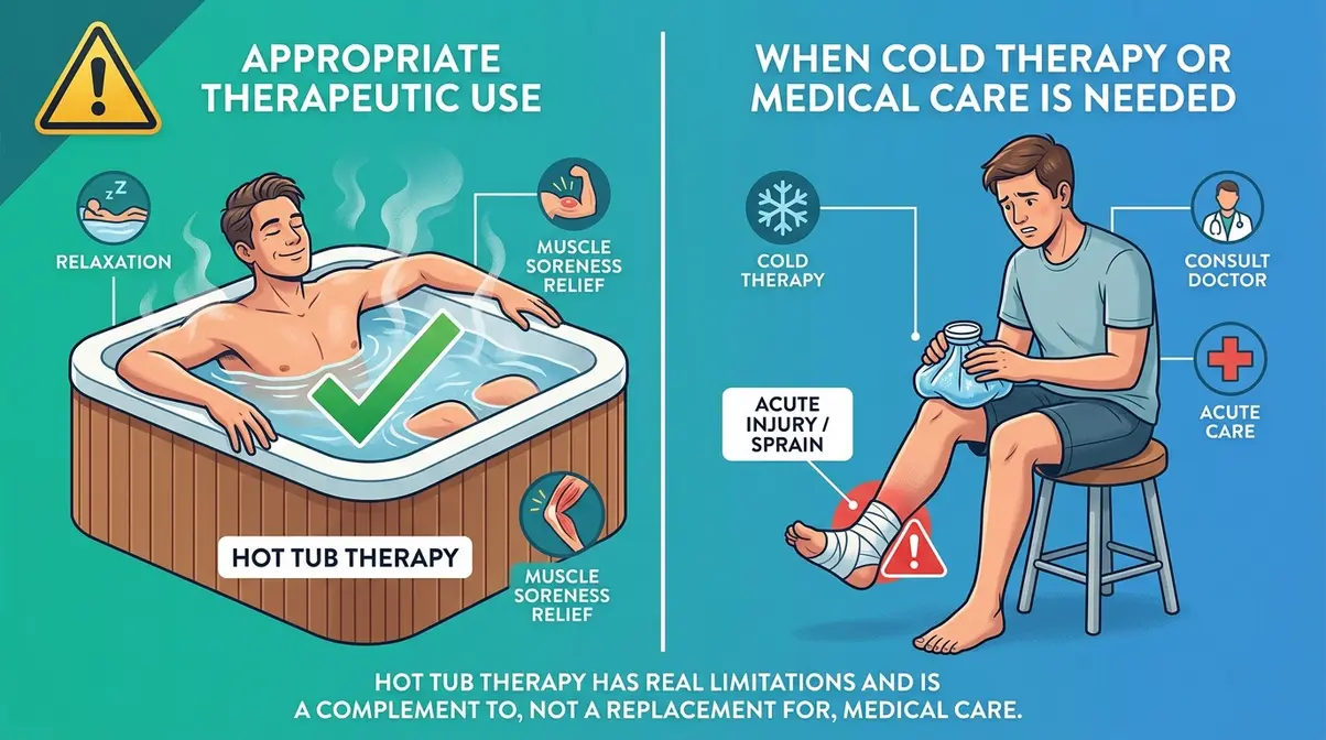 Hot Tub Therapy Benefits: The Science-Backed Guide 1 Hot tub therapy limitations illustration comparing appropriate therapeutic use versus when medical care or cold therapy is needed