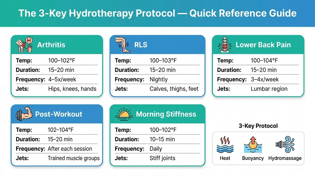 Hot Tub Therapy Benefits: The Science-Backed Guide 10 Hot tub therapy benefits quick reference guide — 3-Key Hydrotherapy Protocol with condition-specific temperature and duration recommendations