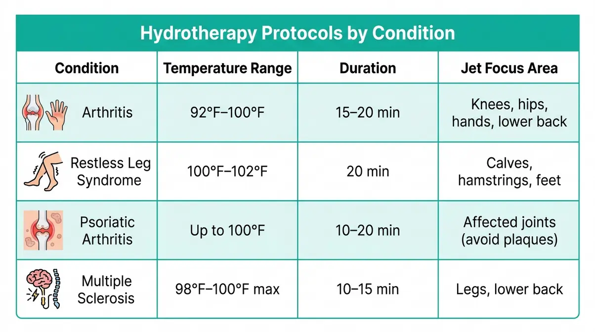 Protocol chart showing hot tub therapy temperature and duration for arthritis, RLS, PsA, and MS
