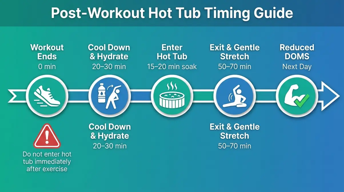 Hot Tub Therapy Benefits: The Science-Backed Guide 7 Post-workout recovery hot tub timing infographic showing optimal 20–30 minute wait before soaking for muscle recovery