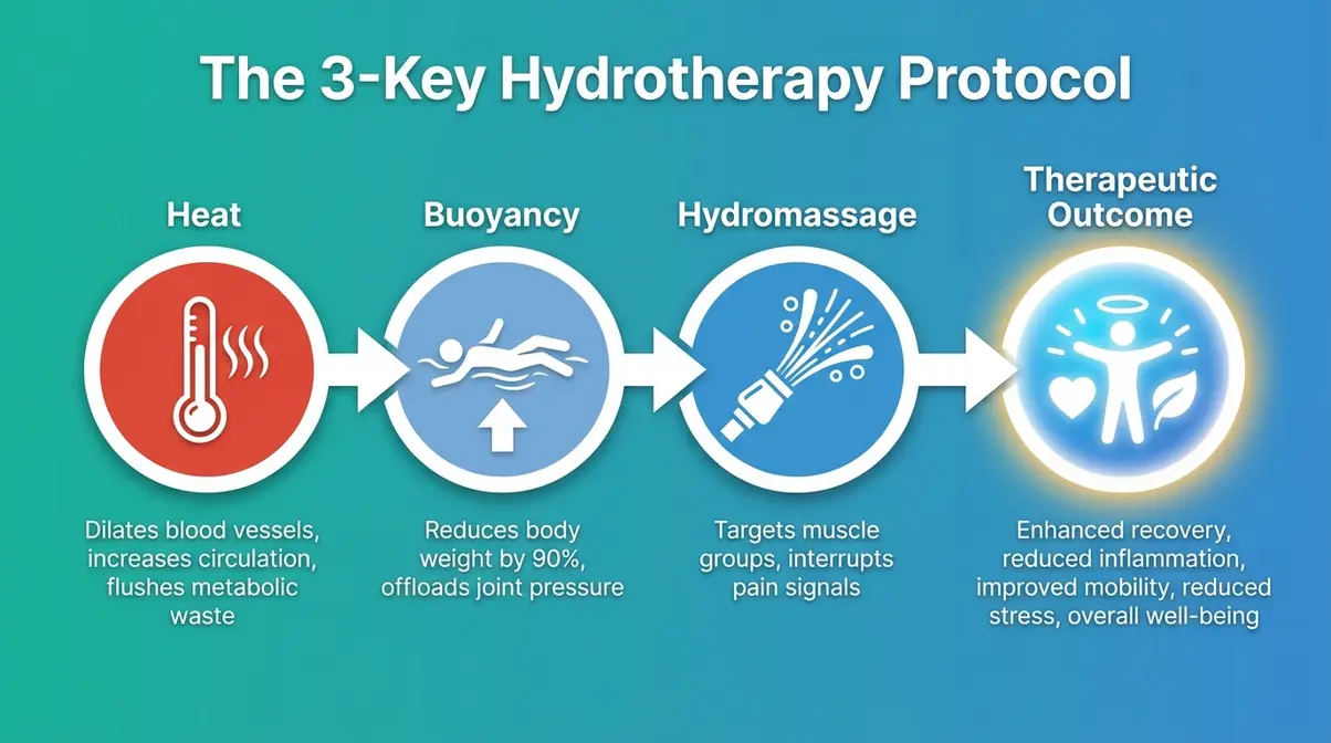 Hot Tub Therapy Benefits: The Science-Backed Guide 2 Hot tub therapy benefits infographic showing the 3-Key Hydrotherapy Protocol — heat, buoyancy, and hydromassage mechanisms