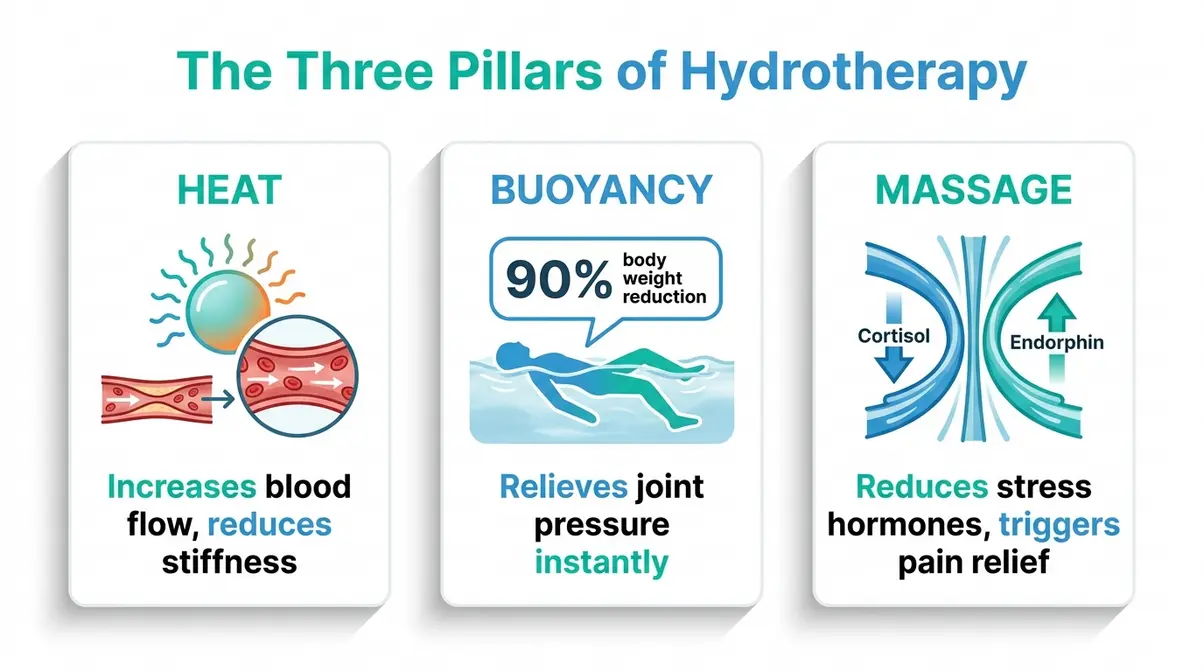 Infographic showing the three hot tub therapy benefits: heat, buoyancy, and massage mechanisms