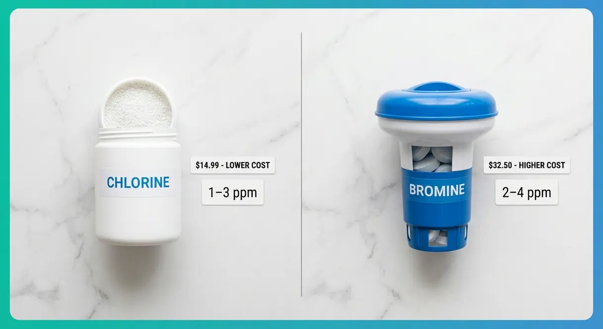 Chlorine granules versus bromine tablet floater side by side comparison for hot tub sanitizer selection