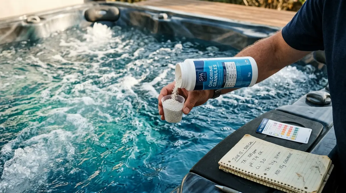 Hand carefully measuring hot tub chemical dose with test strip and reading log on tub ledge