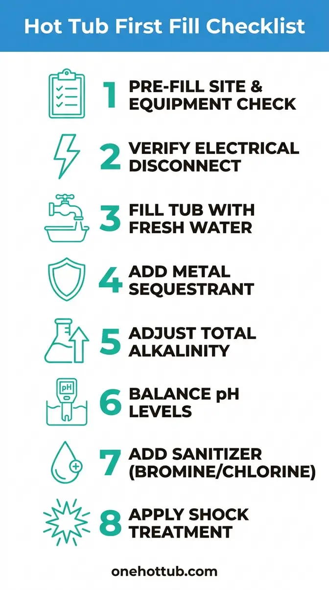 Hot tub tips for beginners first fill checklist infographic showing chemical order in 8 steps