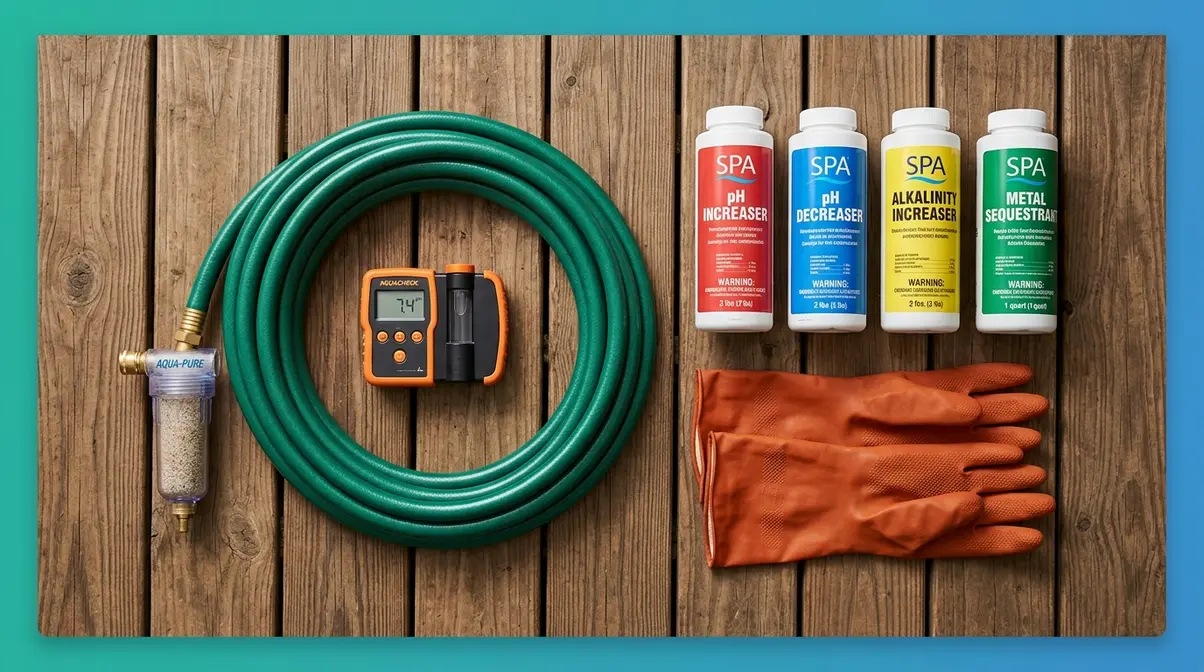 Hot tub first fill supplies including hose pre-filter test kit and chemical bottles on wooden deck