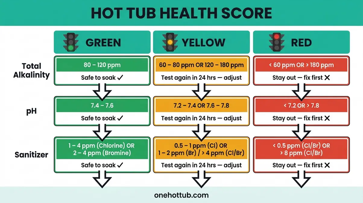 Hot Tub Health Score flowchart showing green yellow red water chemistry zones for beginners