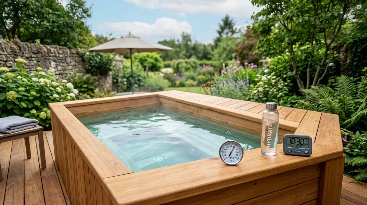 Outdoor hot tub with floating thermometer and water bottle on deck representing safety guidelines for new owners