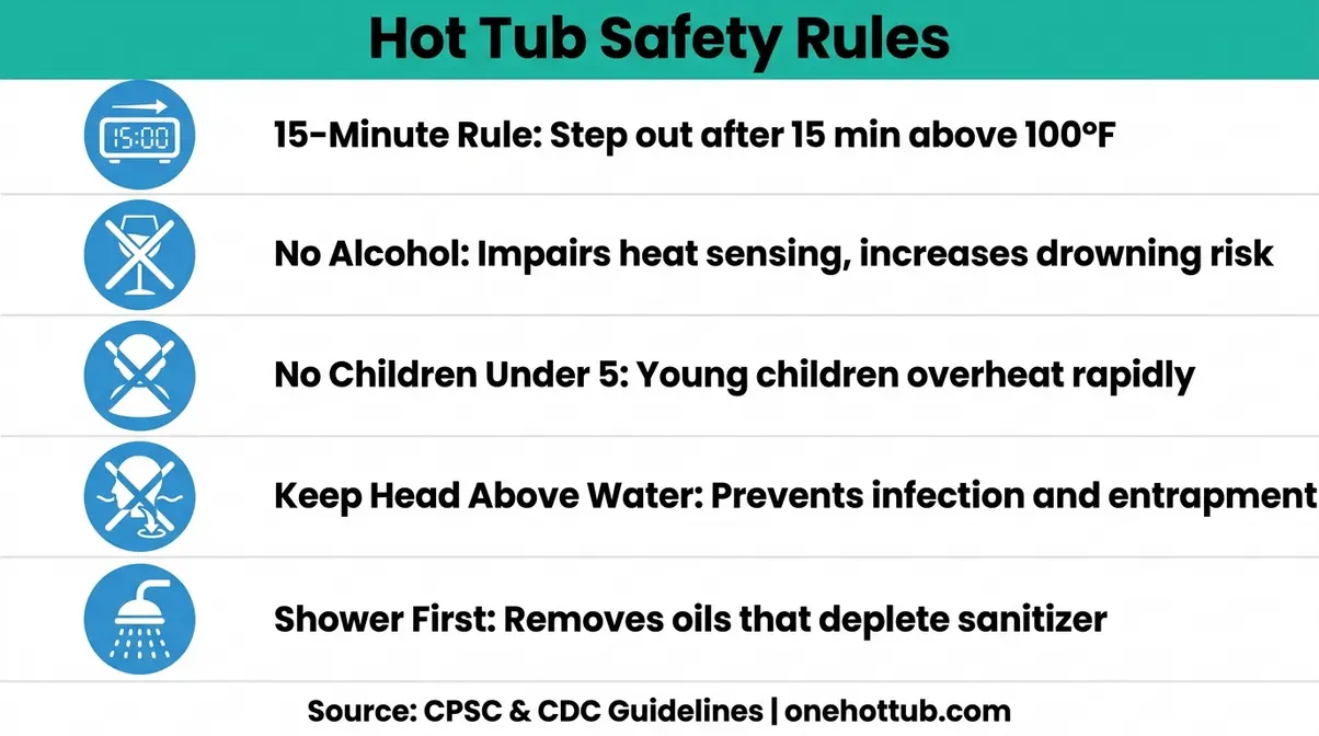 Hot tub safety rules infographic for new owners showing CPSC and CDC guidelines across five key rules