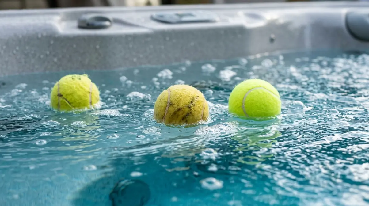 Tennis balls floating in hot tub water to absorb body oils showing popular beginner maintenance hack