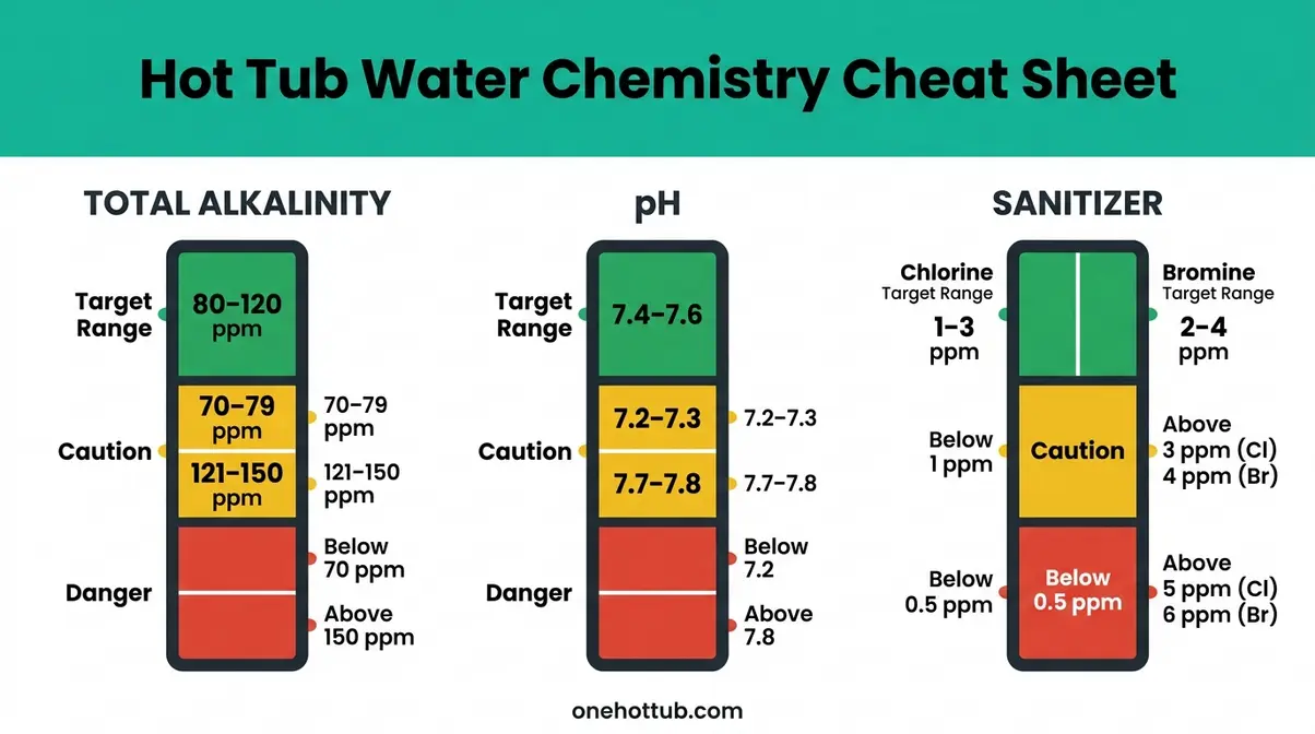 Hot tub water chemistry cheat sheet showing pH alkalinity and sanitizer target ranges with traffic light zones