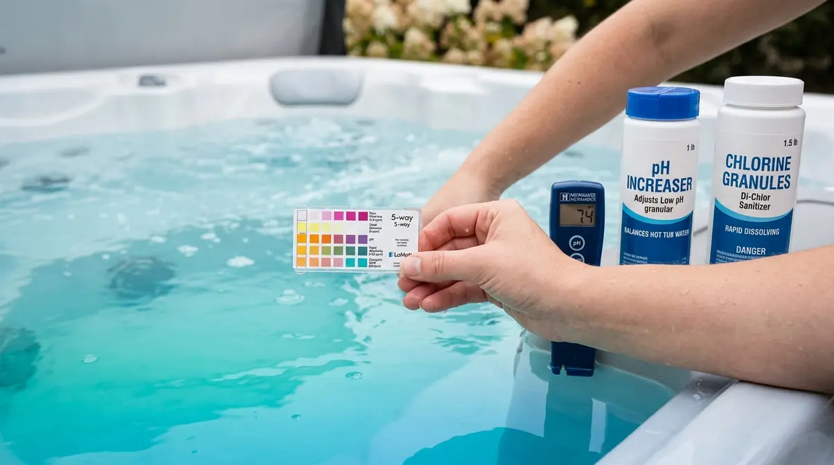 Hand testing hot tub water chemistry with test strip and digital pH meter beside chemical bottles