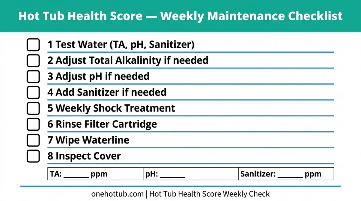 Printable weekly hot tub maintenance checklist for new owners with space to record water chemistry readings