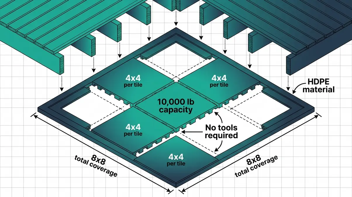 Hot Tub Under Deck Ideas: Best Bases Tested (2026) 5 Confer Spa Pad 6-pack layout diagram showing six interlocking HDPE tiles forming an 8x8 foundation under an elevated deck