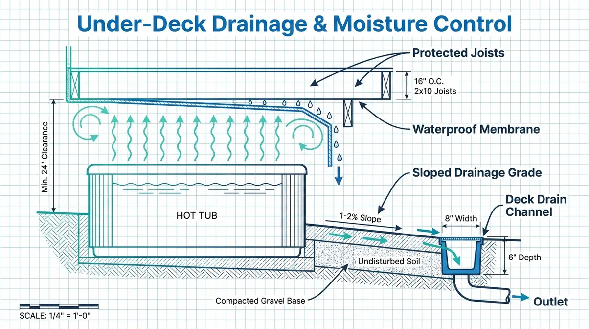 Hot Tub Under Deck Ideas: Best Bases Tested (2026) 10 Diagram showing hot tub under deck with waterproof membrane, sloped drainage channel, and protected deck joists labeled