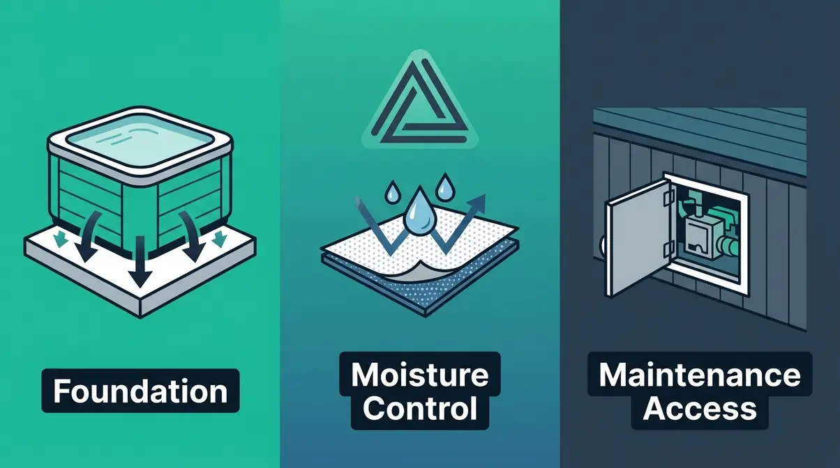 Hot Tub Under Deck Ideas: Best Bases Tested (2026) 8 Three-pillar illustration of the under-deck hot tub foundation triangle showing base, moisture control, and maintenance access