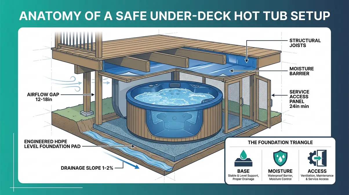 Hot Tub Under Deck Ideas: Best Bases Tested (2026) 9 Cross-section infographic showing hot tub under deck with foundation pad, drainage channel, ventilation gap, and service access panel labeled
