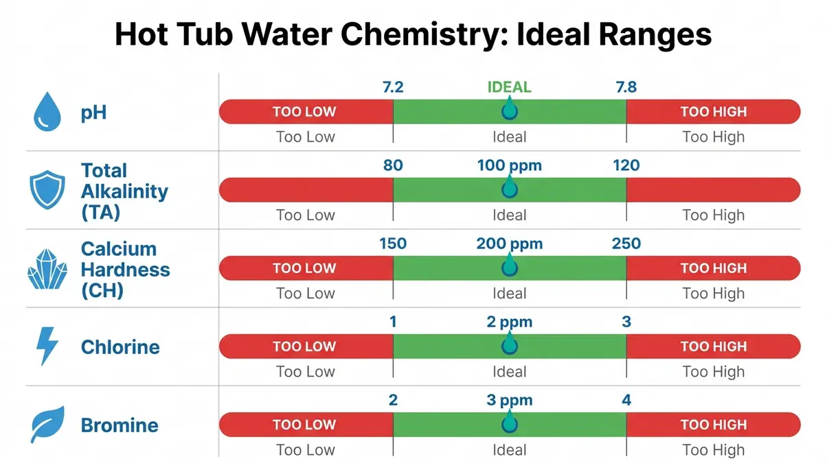 Hot Tub Water Care for Beginners: Complete Guide 4 Hot tub water care for beginners chemical ranges infographic showing ideal pH, alkalinity, calcium hardness, and sanitizer levels