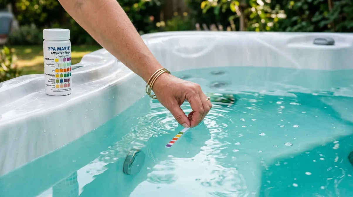 Hot Tub Water Care for Beginners: Complete Guide 3 Hand dipping a hot tub test strip into clear spa water to check pH, alkalinity, and sanitizer levels