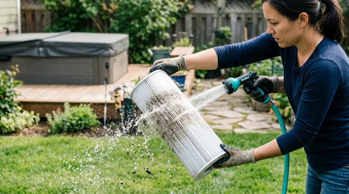 Hot Tub Water Care for Beginners: Complete Guide 5 Person rinsing a hot tub filter cartridge with a garden hose as part of weekly maintenance routine