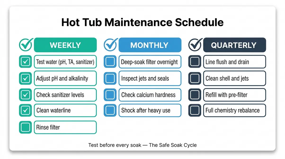 Hot Tub Water Care for Beginners: Complete Guide 7 Printable hot tub maintenance schedule checklist for beginners showing weekly, monthly, and quarterly tasks