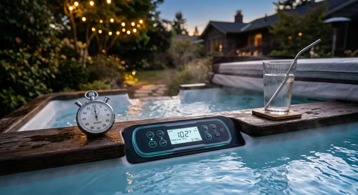 Hot Tub Water Care for Beginners: Complete Guide 6 Hot tub control panel showing 102 degrees Fahrenheit temperature with a timer and glass of water on the tub edge