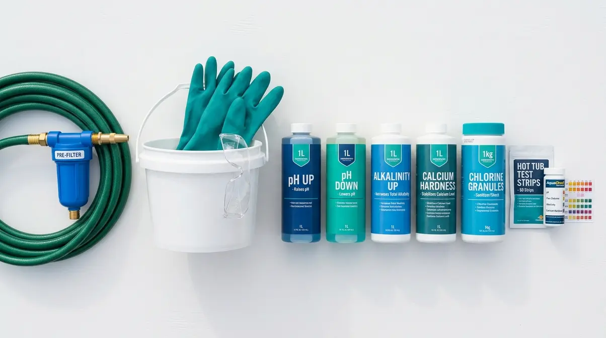Hot Tub Water Care for Beginners: Complete Guide 1 Hot tub startup supplies including garden hose pre-filter, chemical bottles, gloves, and test strips arranged on white surface