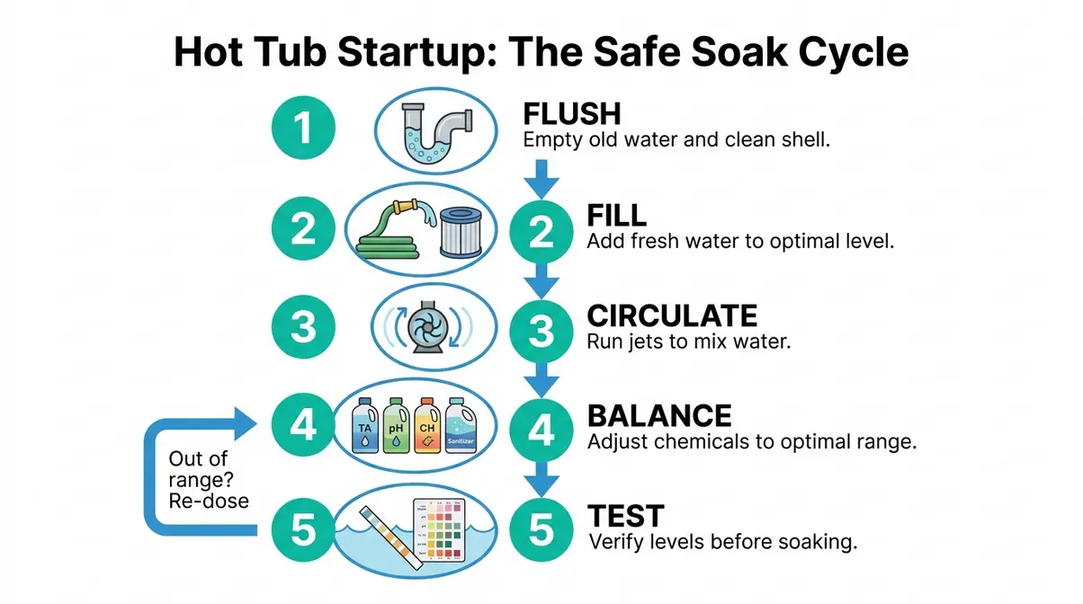 Hot Tub Water Care for Beginners: Complete Guide 2 Step-by-step hot tub startup flowchart showing Flush, Fill, Circulate, Balance, and Test stages for beginners